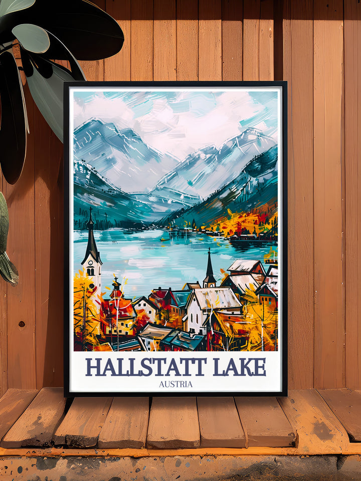 This Hallstatt Lake poster print showcases the stunning beauty of Austrias famous village, with the serene lake reflecting the towering Dachstein mountains. The peaceful scene also features the iconic Hallstatt Lutheran Church, making this travel print a perfect addition to your home decor.