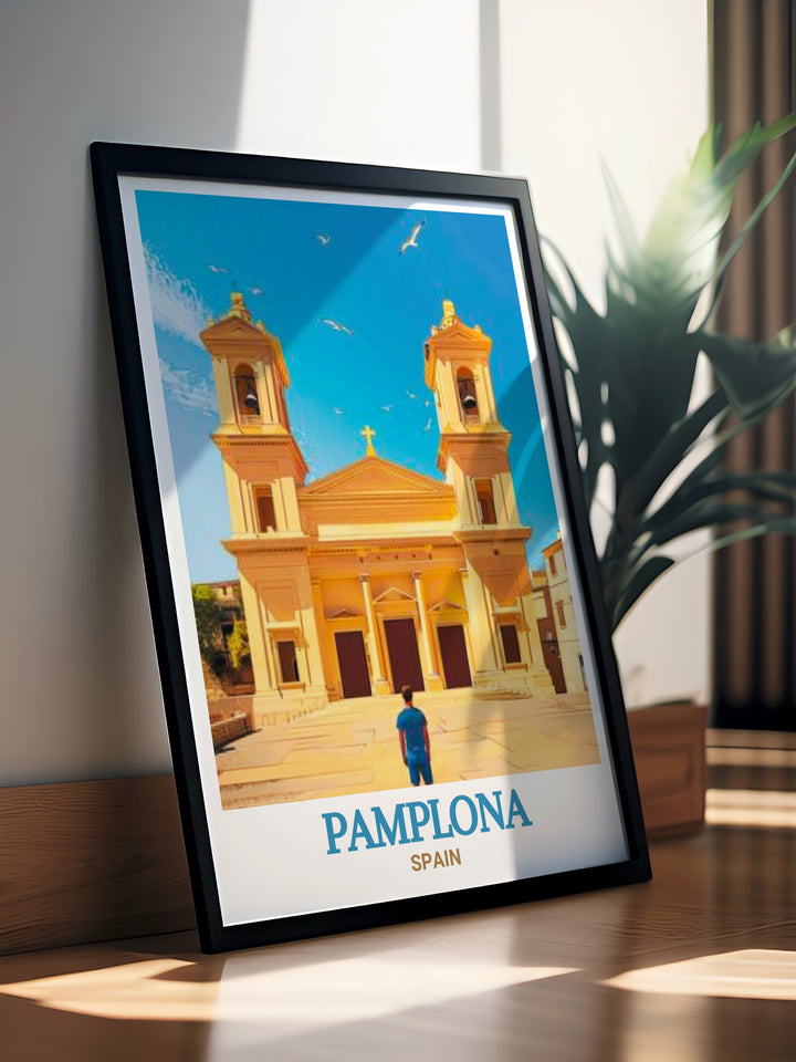 The Pamplona Travel Art showcases the breathtaking Pamplona Cathedral making it an ideal addition to your Spain wall decor. This Spain travel print brings the grandeur of this historic landmark into your home creating a focal point that captures the beauty of Pamplona.