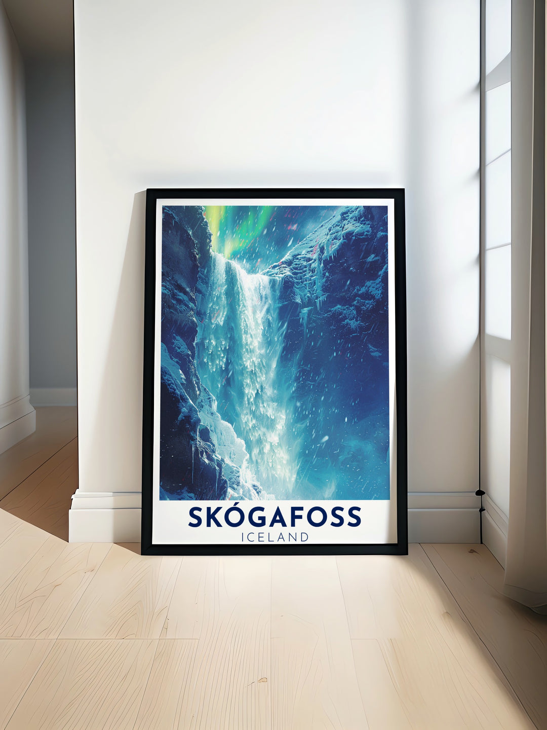 Skogafoss Waterfall Poster Print featuring a majestic view of one of Icelands most iconic waterfalls with the dynamic flow of water cascading over rugged cliffs showcasing the grandeur of nature in a stunning visual that brings the breathtaking beauty of Iceland into your living space as a perfect piece of Waterfall Wall Art and elegant home decor