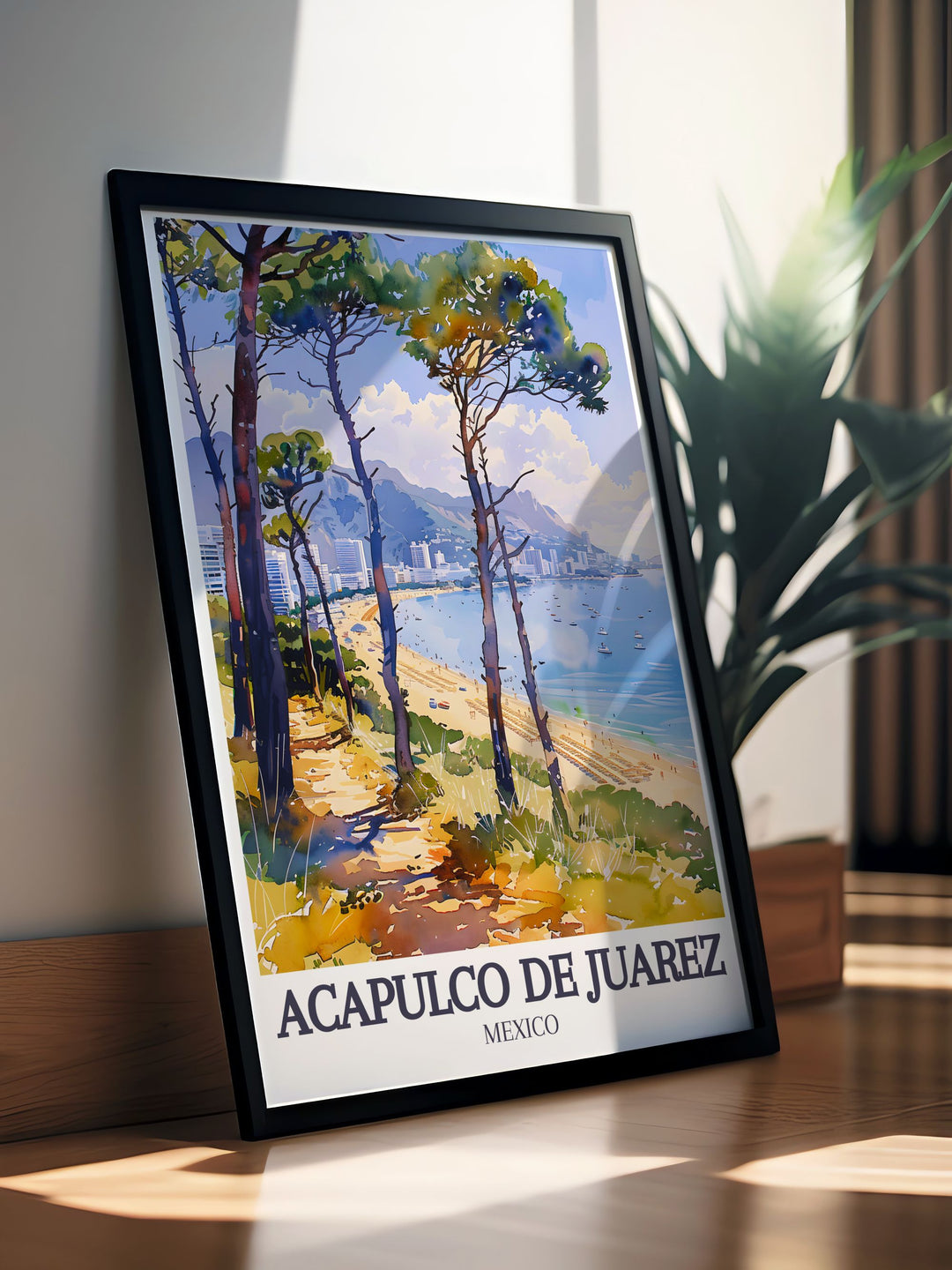 This travel poster captures the historical significance and scenic charm of Acapulco de Juárez, showcasing its iconic Playa Condesa and majestic Acapulco Bay.