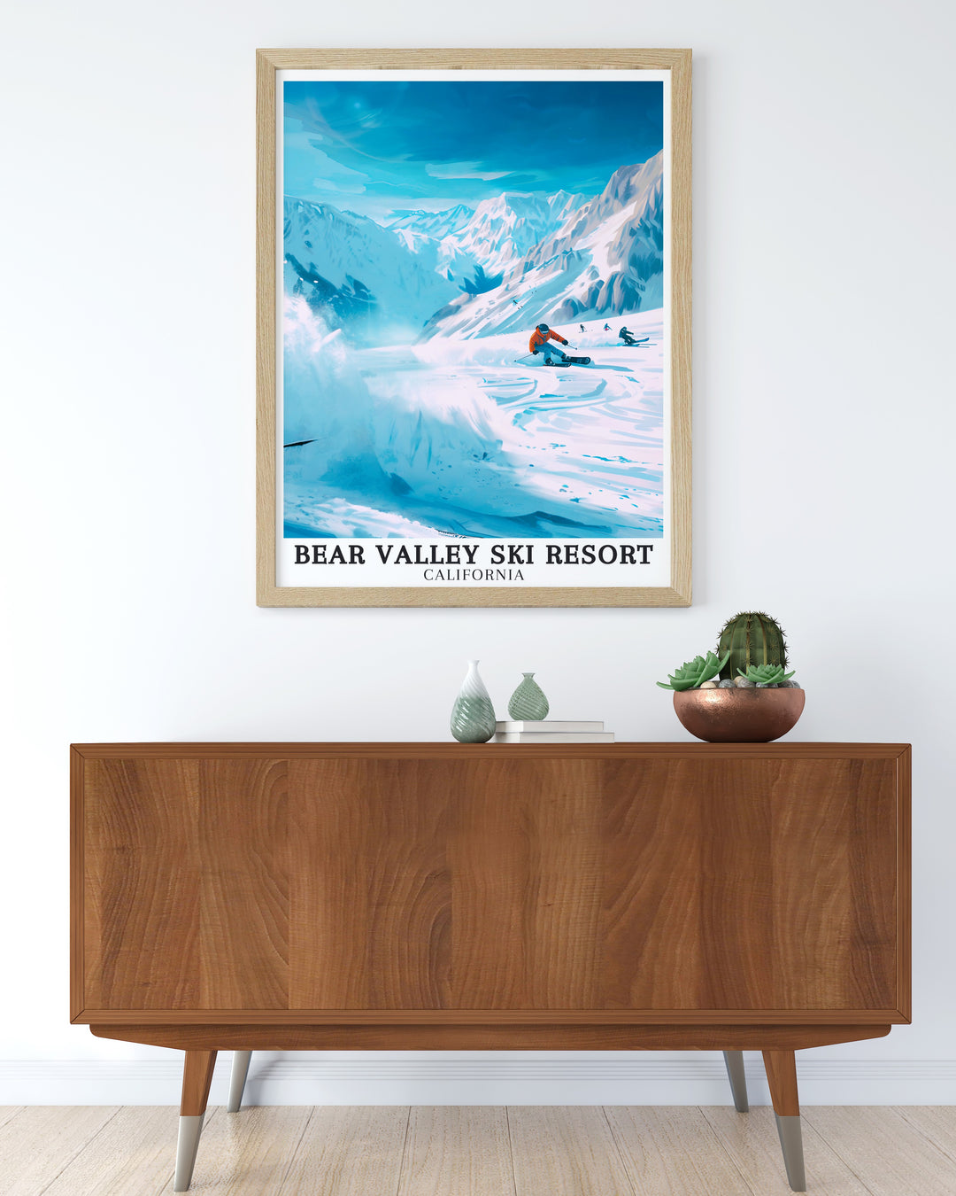 Featuring Bear Valley, Sierra Nevada this ski resort travel poster is a must have for any outdoor enthusiast. The artwork beautifully captures the rugged beauty of Californias Sierra Nevada mountains making it a timeless addition to your home decor.