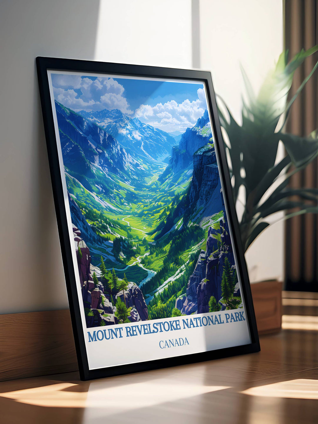 Meadows in the Sky Parkway Framed Print highlights the majestic beauty of the Rocky Mountains. Featuring the serene landscapes of Banff National Park and Mount Revelstoke, this artwork brings a touch of classic travel poster elegance to your home.