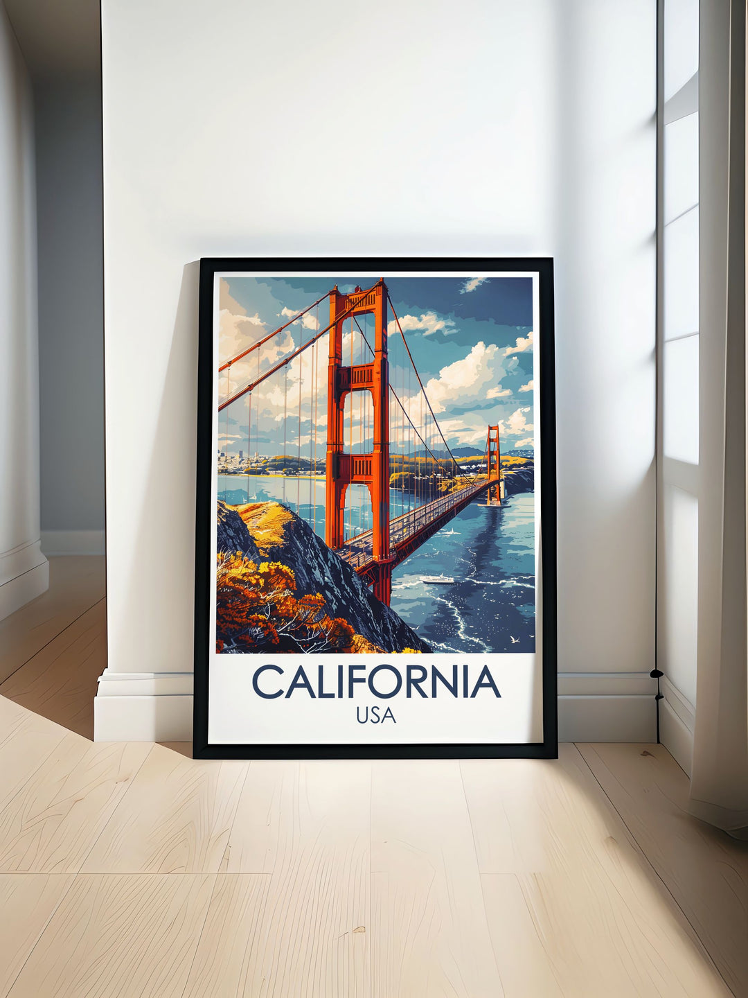 This travel poster beautifully depicts the magic of the Golden Gate Bridge, with its iconic design and stunning views, making it an ideal piece for architecture enthusiasts and collectors. Bring the beauty of San Francisco into your home with this exquisite print.