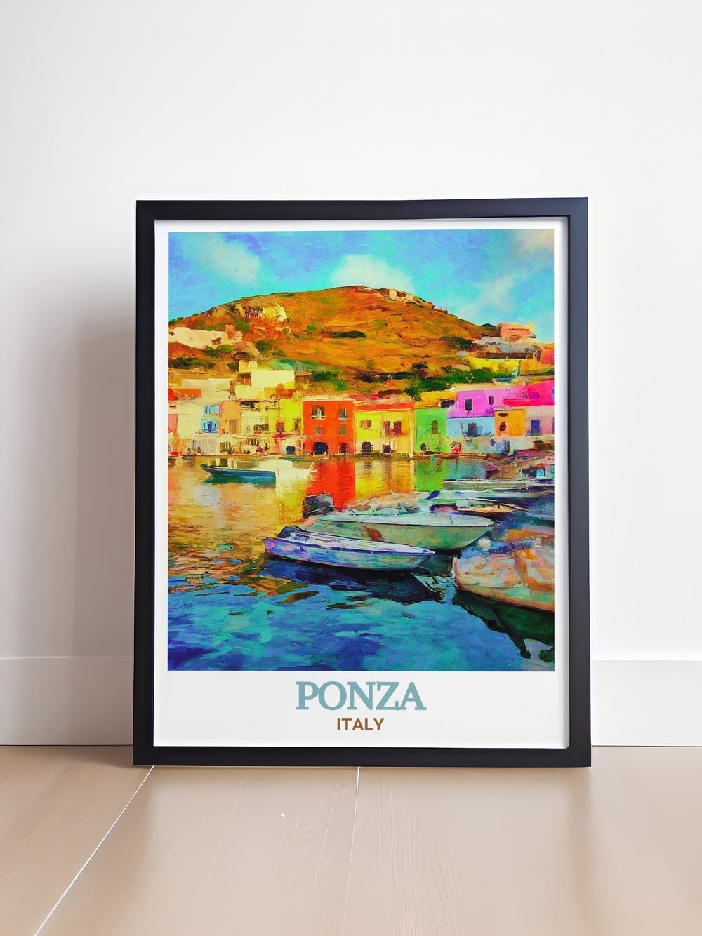 Ponza Harbor, a jewel of the Tyrrhenian Sea, is beautifully depicted in this print. The artwork highlights the harbors vibrant atmosphere, from the colorful boats to the tranquil waters. Perfect for creating a serene and inviting space, this piece brings the essence of Italys coastal charm into your home.