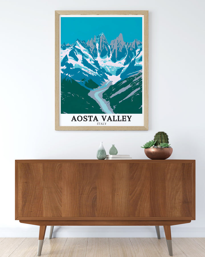 A custom print celebrating the natural splendor of Aosta Valley, Mont Blanc, and the Matterhorn. This Italy wall art offers a unique perspective on these iconic landmarks, with detailed depictions that bring the scenes to life. A perfect piece for those who appreciate the beauty of the Alps.