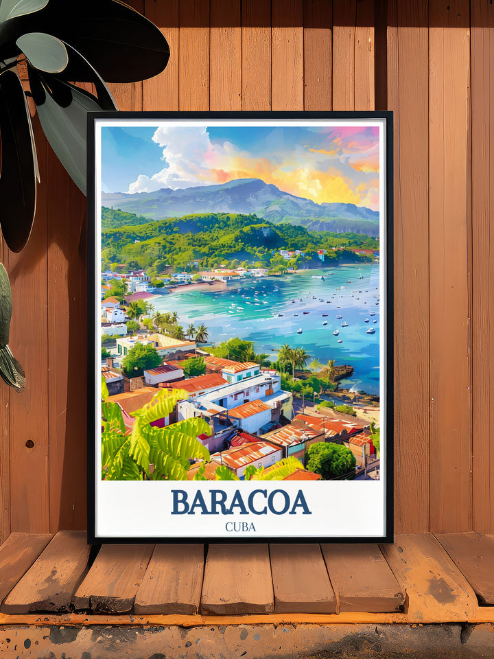 Unique Cuban artwork of Baracoas historic cityscape, featuring landmarks like El Yunque and Baracoa Bay. Ideal for personalized gifts or home decor, this print captures the citys essence and its captivating blend of history and natural beauty.