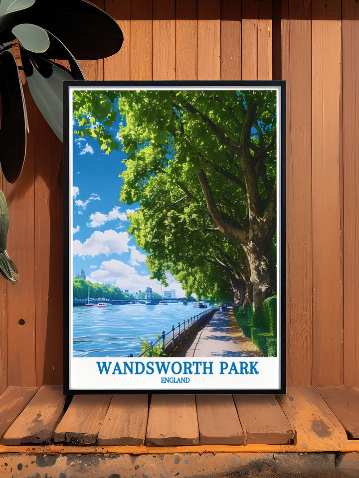 Bring the tranquility of Wandsworth Parks riverside walk into your home with this romantic fine art print. The detailed depiction of the parks scenic landscapes and peaceful river views makes it a perfect piece for art lovers and travelers, adding a touch of Londons natural beauty and historical depth to any space.