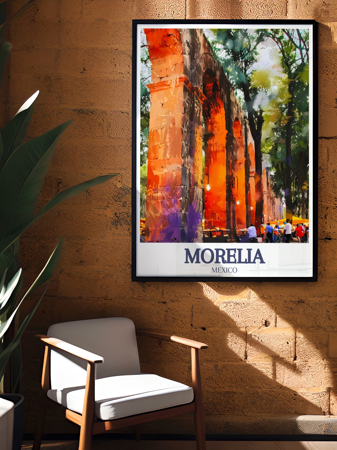 This travel poster of Morelia features the beautiful Morelia Aqueduct, capturing its impressive structure alongside the peaceful Avenida Acueducto. The colorful, fine line design adds a touch of elegance to any living space.