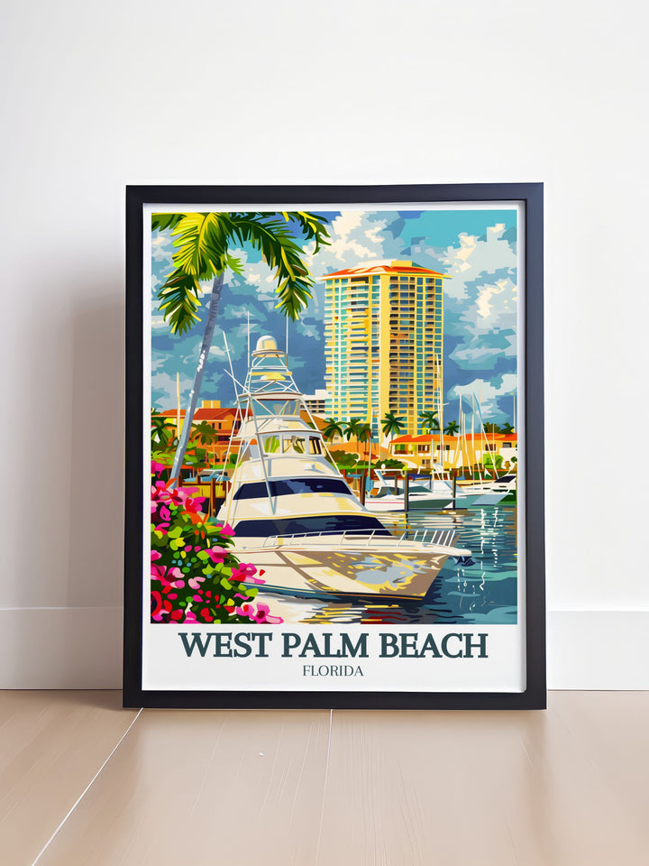 Palm Harbor Marina South Florida travel print perfect for any room this West Palm Beach artwork features stunning views of the marina and tropical landscape ideal for adding modern and elegant Florida decor to your living space