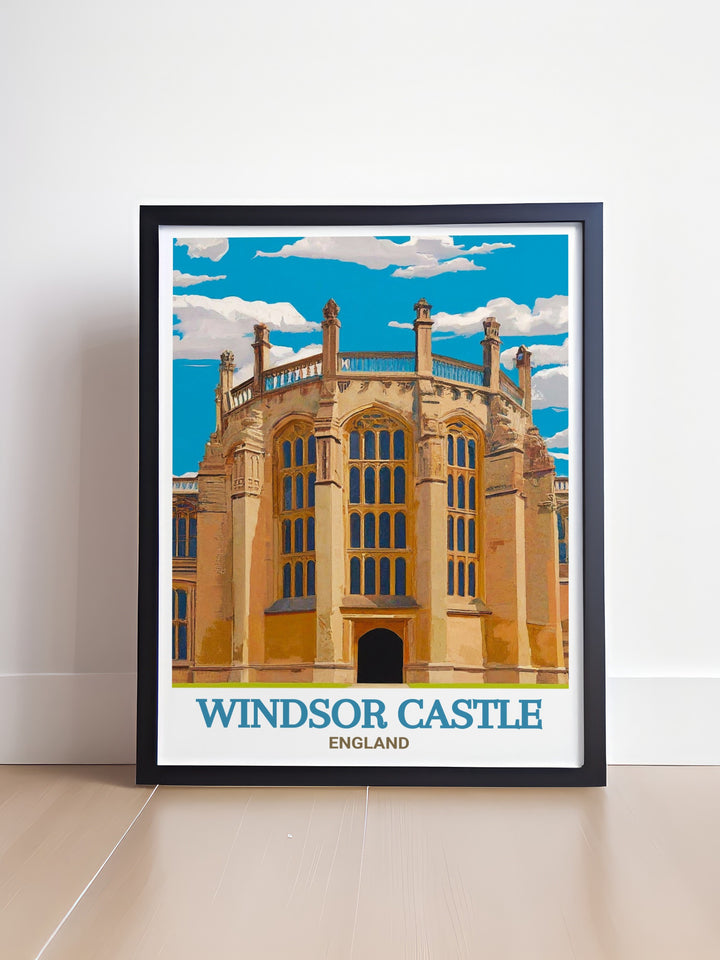 Windsor Castle travel print, celebrating the rich royal history of this iconic residence. The print highlights the impressive architecture and royal connections, making it a perfect gift or decor piece for history lovers and royal admirers.