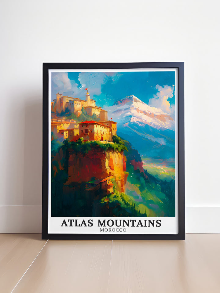 Morocco travel print capturing the serene beauty of Chefchaouen with the Rif Mountains and Mount Toubkal Imlil Valley stunning prints offering a unique blend of tradition and modernity perfect for your home or office decor