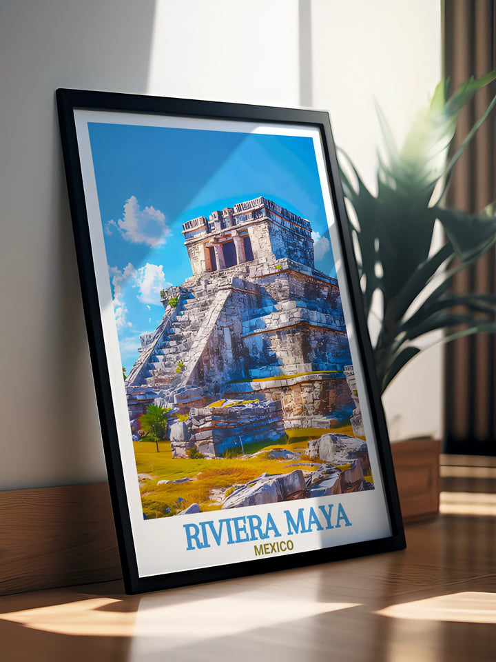 Tulum Ruins framed print showcasing the timeless beauty of Riviera Maya Mexico with detailed artwork perfect for beach decor. This Mexico gift is ideal for enhancing home living decor with tropical art and vibrant illustrations of Tulum Ruins serene ambiance.