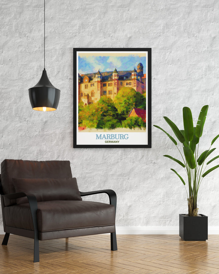 Transform your living space with this exquisite framed art featuring Marburg Castle. The print beautifully showcases the castles towering spires and historic walls, offering a glimpse into Germanys past. This artwork is perfect for adding a sophisticated touch to your home and makes a thoughtful gift for those who cherish history