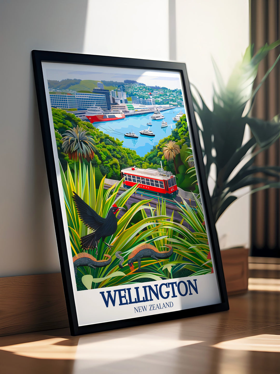 Wellington Waterfront travel poster showcases the harbors serene waters and the citys vibrant skyline. This artwork brings a piece of New Zealands capital into your home, perfect for those who love the ocean and city life, adding a calm and elegant touch to your décor.