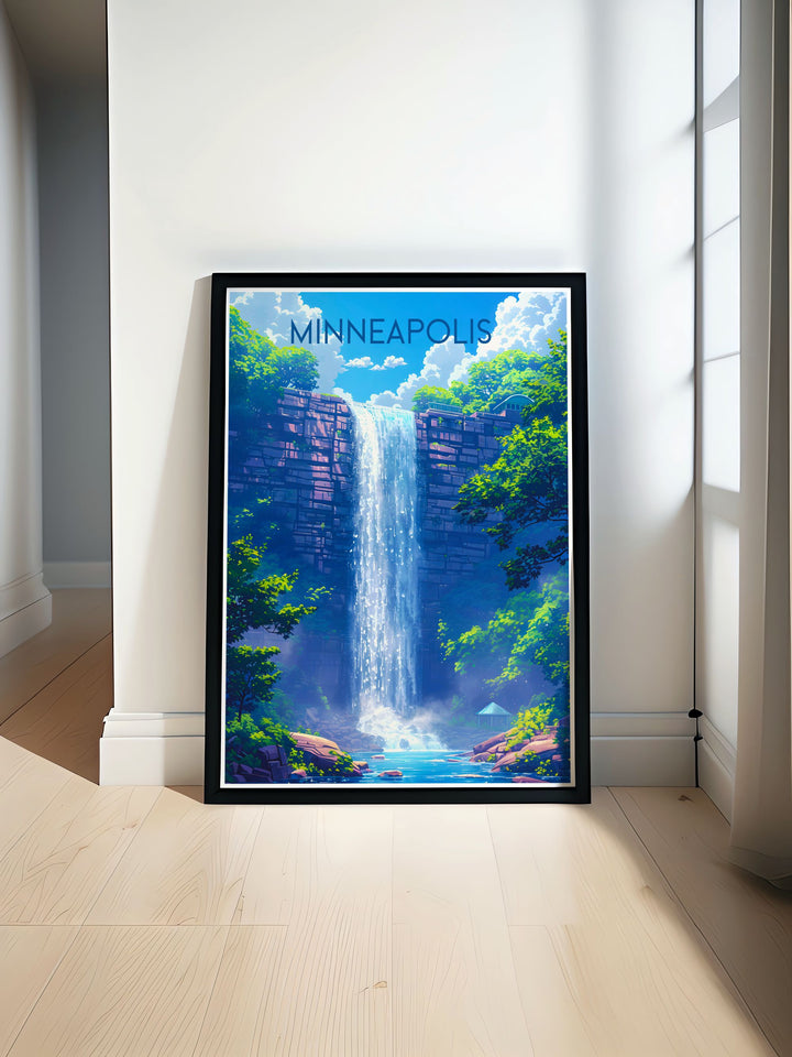 Experience the tranquility of Minnehaha Falls with this detailed poster, capturing its serene landscapes and scenic beauty, perfect for adding a touch of natural elegance to your home.