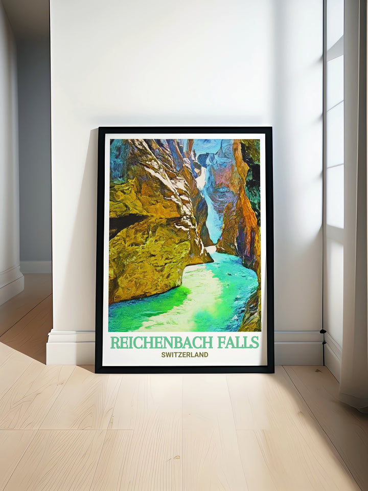 Celebrate Switzerlands natural beauty with this fine art print of Reichenbach Falls and Rosenlaui Glacier Gorge. Ideal for nature lovers, adventurers, and travelers, this travel poster brings a sense of peace and awe, making it the perfect gift or home decoration.