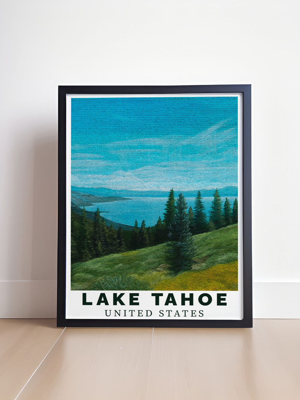 Enhance your living room with a Lake Tahoe Art Print showcasing the serene and picturesque scenery in stunning Summer Blue hues