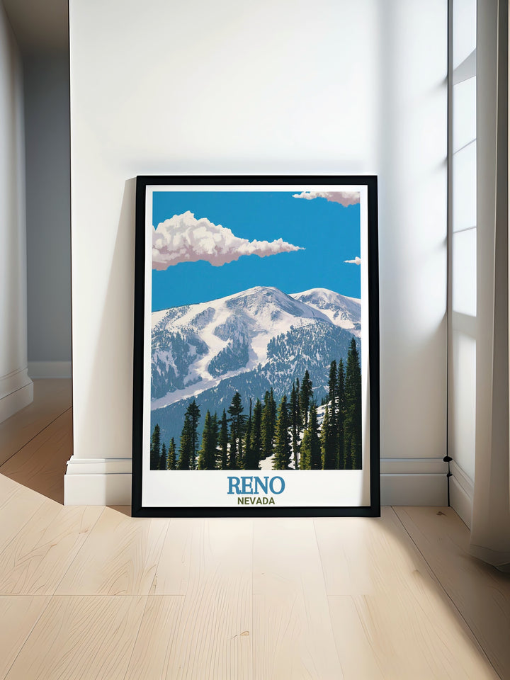 A stunning vintage travel poster of Mt. Rose Ski Tahoe, showcasing the snow covered peaks and vibrant ski culture of the Sierra Nevada mountains. This framed artwork makes a perfect addition to any home, especially for those who love skiing and winter landscapes.