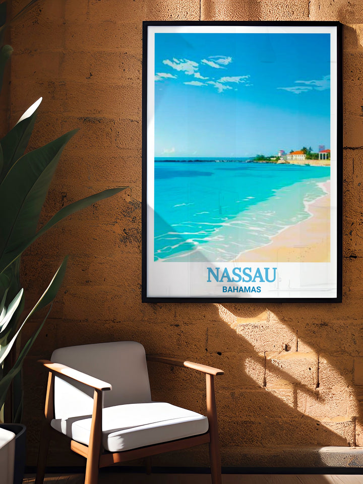 Junkanoo Beach Travel Print from Nassau, showcasing the soft sands and inviting waters of this famous Bahamian beach. The poster evokes the lively energy and tropical warmth of Junkanoo Beach, making it a perfect addition to any space that celebrates island life.