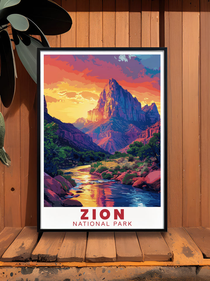 An art print highlighting The Watchman in Zion National Park, featuring its impressive cliffs and the tranquil Virgin River. This piece makes a meaningful gift for anyone who appreciates natural landscapes and exploration.