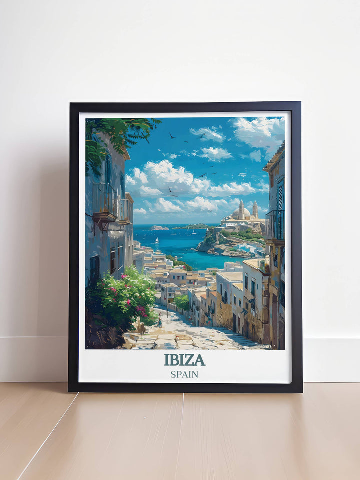 Ibiza Club Poster showcasing the iconic Ocean Beach Club and the historical beauty of Dalt Vila Ibiza Old Town ideal for fans of dance music art and history lovers looking to add a lively yet elegant element to their wall art collection