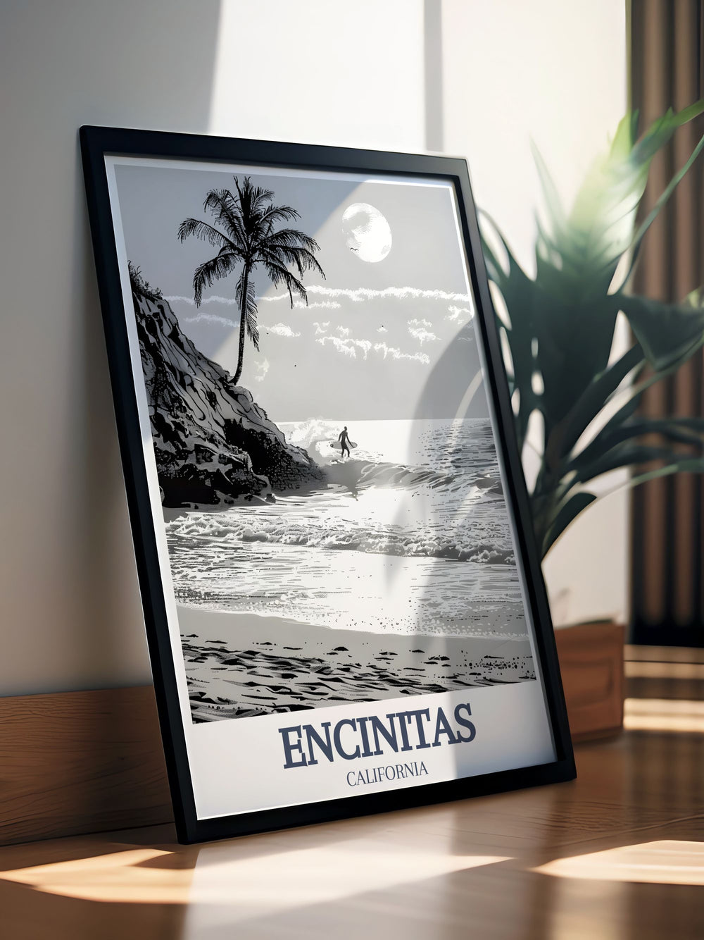Vintage poster of Moonlight Beach, Swamis Surf Spot highlighting the stunning Encinitas Beach and skyline ideal for personalized gifts and home decor travel poster print with a beautiful color palette inspired by the ocean and sand
