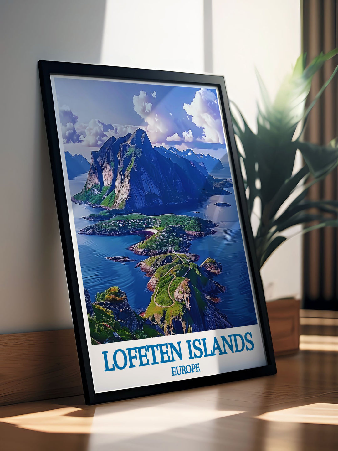 Travel poster of the Lofoten Islands, Norway, showcasing the iconic peak of Reinebringen. The poster captures the stunning panoramic views of the rugged mountains, the picturesque village of Reine, and the serene fjords, inviting you to explore the unspoiled beauty of Norways Arctic landscape.