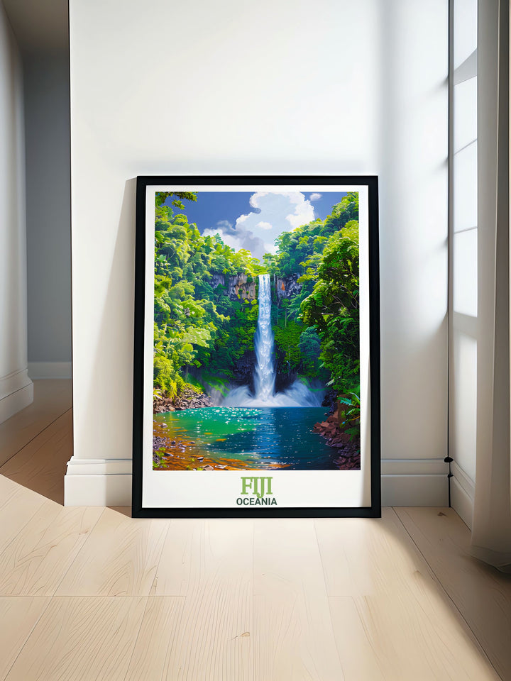 Bouma National Heritage Park travel poster showcasing vibrant Fiji landscapes and city color palette perfect for adding tropical beauty to any room. This Fiji poster captures the essence of Bouma National Heritage Park with stunning detail and rich hues.