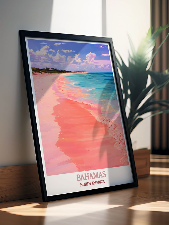 Pink Sand Beach canvas showcasing the calming effect of the soft pink sands against the soothing waves, ideal for a peaceful home setting.