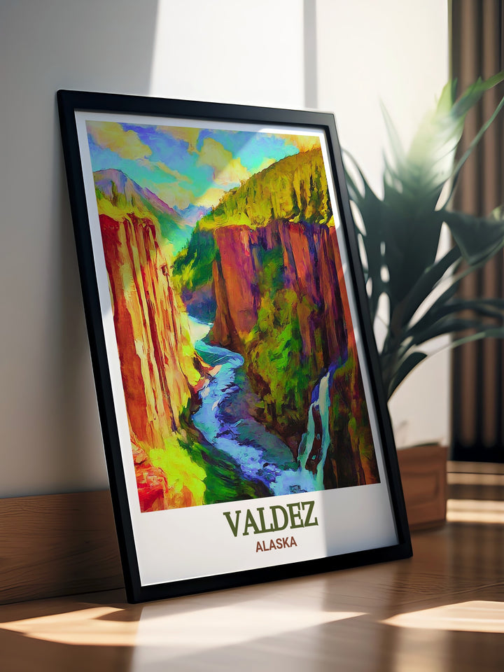 This framed art features the breathtaking landscapes of Valdez and Keystone Canyon, offering a serene and awe inspiring view of Alaskas wilderness. Perfect for your home or office, this print captures the timeless beauty of Alaskas most iconic sites.