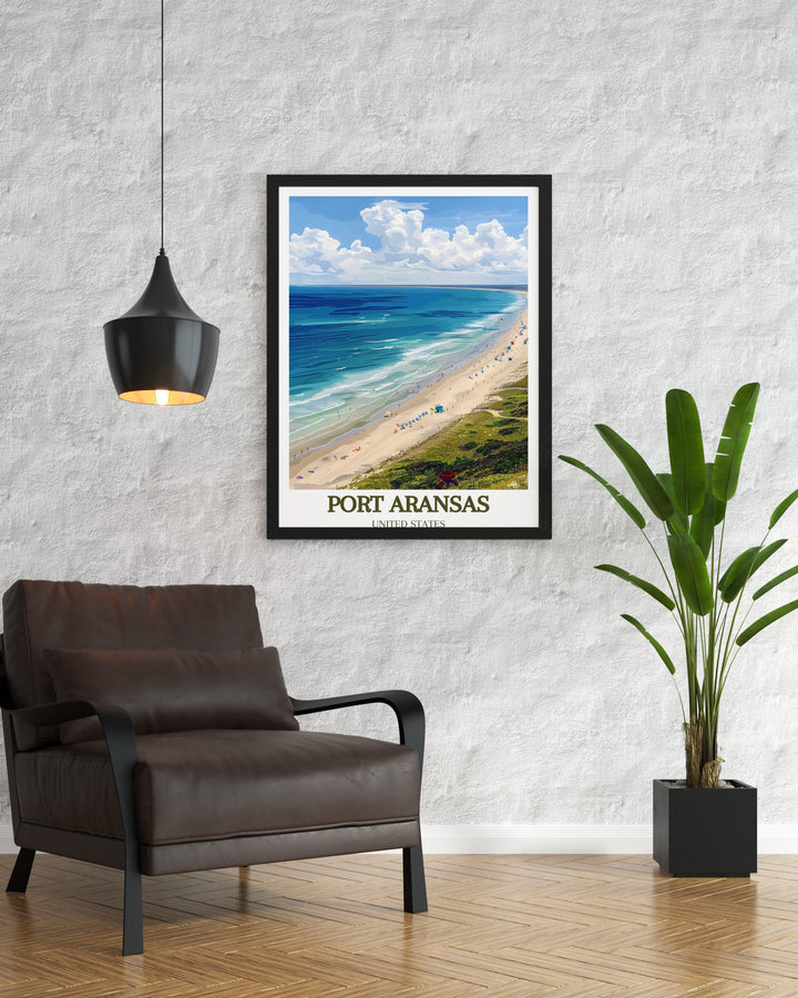 Celebrate the beauty of Texass Gulf Coast with this stunning art print featuring Port Aransas Beach and Mustang Island. The detailed artwork brings the tranquility of the coast into your home, making it perfect for any beach lovers decor.