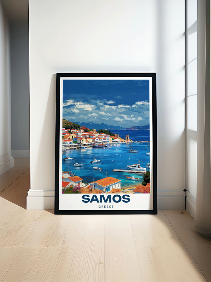 Celebrate the history and natural beauty of Samos with this travel print, showcasing the picturesque town of Pythagoreio. Perfect for travelers and lovers of Greek culture, this artwork is a wonderful addition to any home.