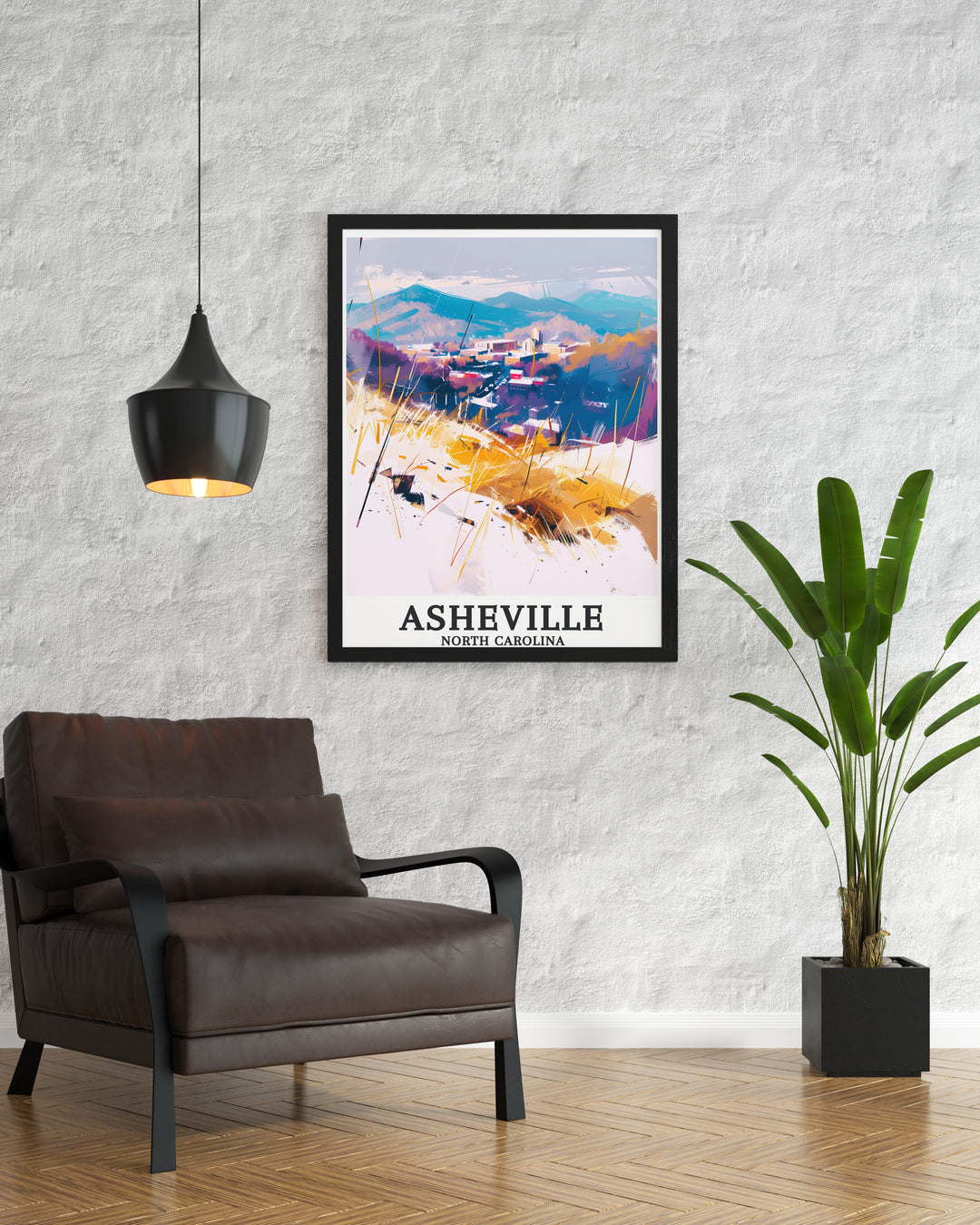 Blue Ridge Mountains Asheville Town art print with vibrant colors and fine lines depicting the citys iconic streets and surroundings perfect for adding a touch of charm to your living space or as a unique and thoughtful gift for friends and family.