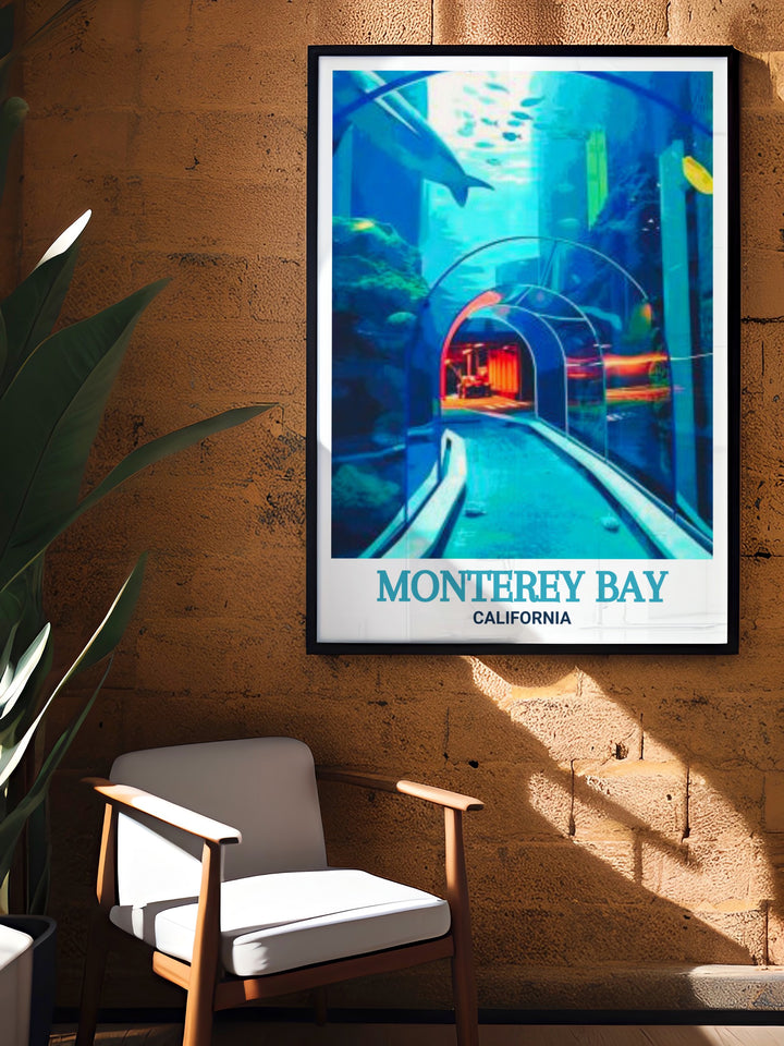 Scenic wall art of the Monterey Bay Aquarium, featuring vibrant colors and detailed marine life of Monterey Bay in California. An exquisite addition to any decor. This print brings the tranquil beauty of the California coast into your home, providing a constant reminder of its natural charm.