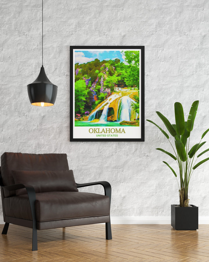 Elegant Oklahoma decor print showcasing the serenity of Turner Falls Park. Fine line art and black and white Oklahoma map create a sophisticated wall art piece ideal for living rooms and home offices. Great for gifting to nature and art lovers.