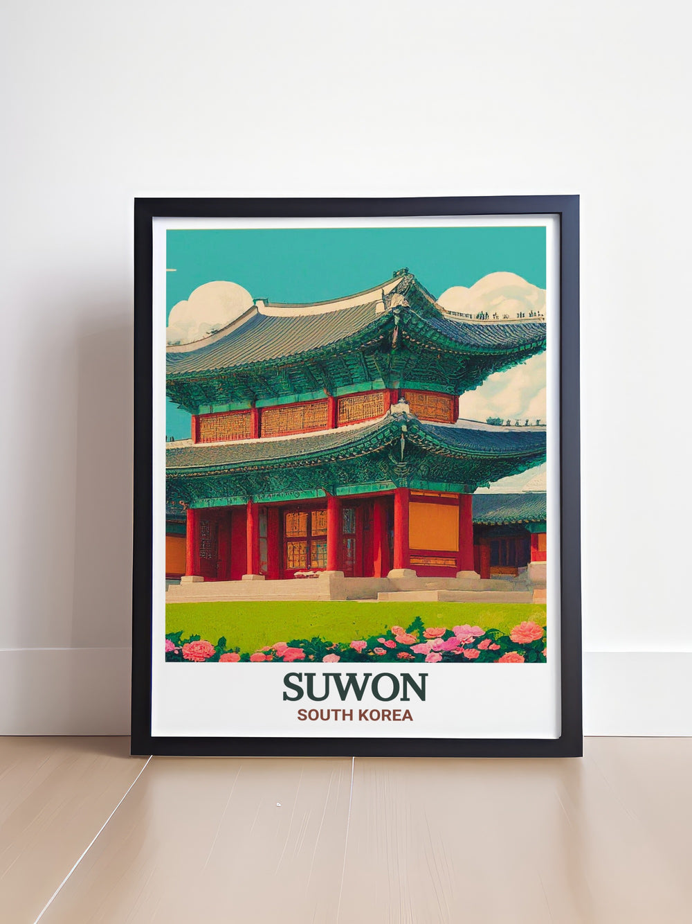 Suwons Hwaseong Haenggung Palace is beautifully depicted in this South Korea travel print. The detailed artwork highlights the palaces historical significance and architectural elegance, making it a standout piece for any wall.