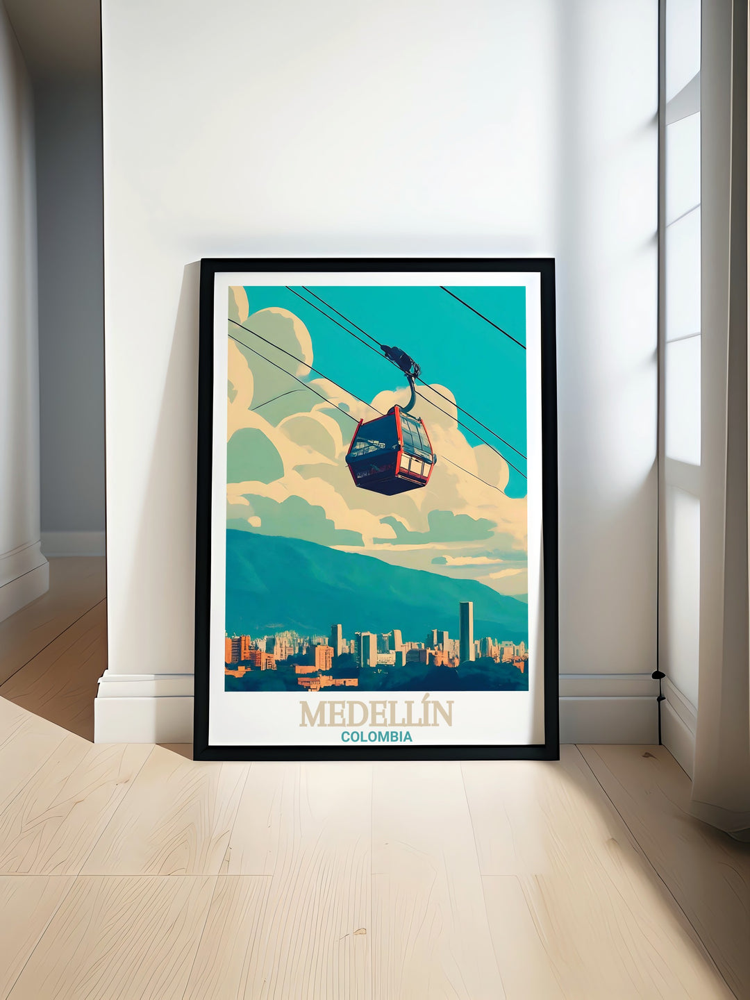 Our Medellín Poster Print highlights the iconic Metrocable, a symbol of Medellíns transformation and modernity. Perfect for those who appreciate both urban art and global travel, this framed artwork adds depth to any room.