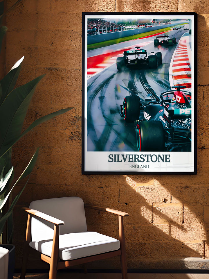 Elegant Silverstone Circuit Silverstone Wing print showcasing the iconic racing venue with detailed imagery. Perfect for creating a striking focal point in your living space and celebrating the excitement of motorsport.