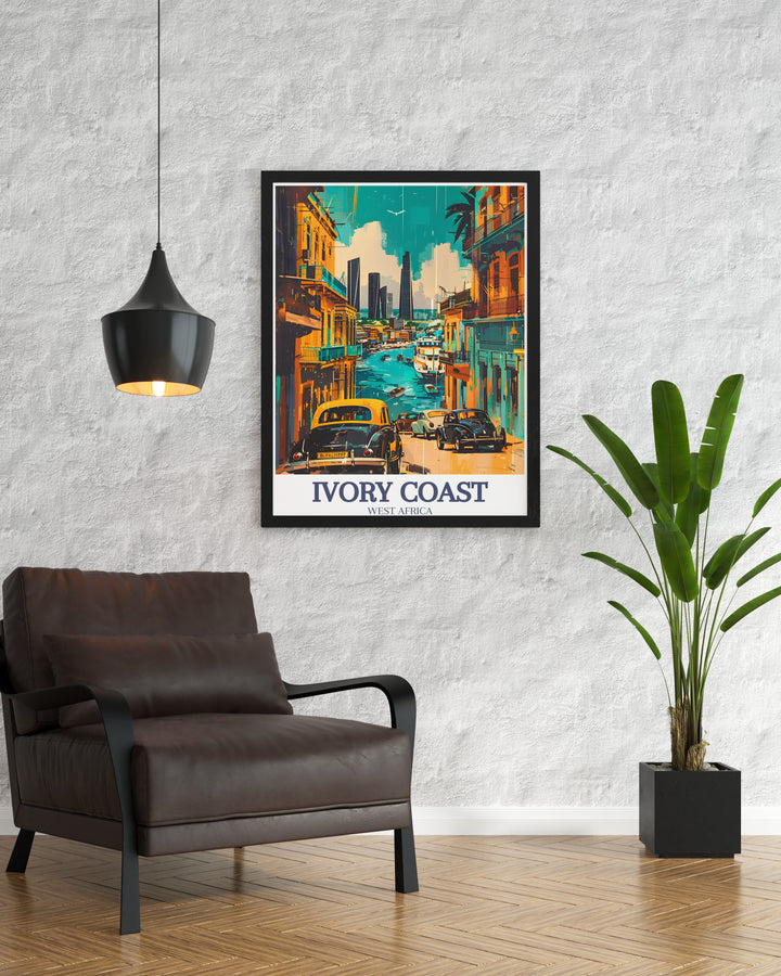 Bring a piece of West Africa into your home with this travel print featuring the iconic Plateau district of Abidjan, Ivory Coast. Its the perfect addition for art lovers who appreciate African culture and cityscapes, offering both modern and vintage appeal.