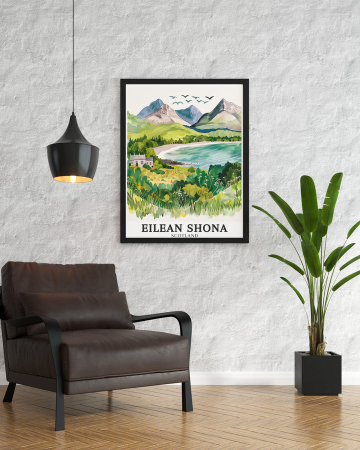 Eilean Shona Art Prints. Featuring stunning views of Eilean Shona, Eilean Shona House, and the Rum Cuillin mountains, these prints bring the beauty of Scotland into your home. Perfect for enhancing your wall decor with natural landscapes.