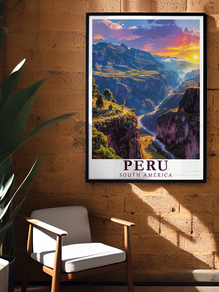 Peru travel print showcasing Colca Canyon and the bustling streets of Lima. This canvas art captures the dramatic contrast between one of the deepest canyons in the world and the vibrant capital city, making it perfect for any traveler or art enthusiast who appreciates Perus diverse beauty.