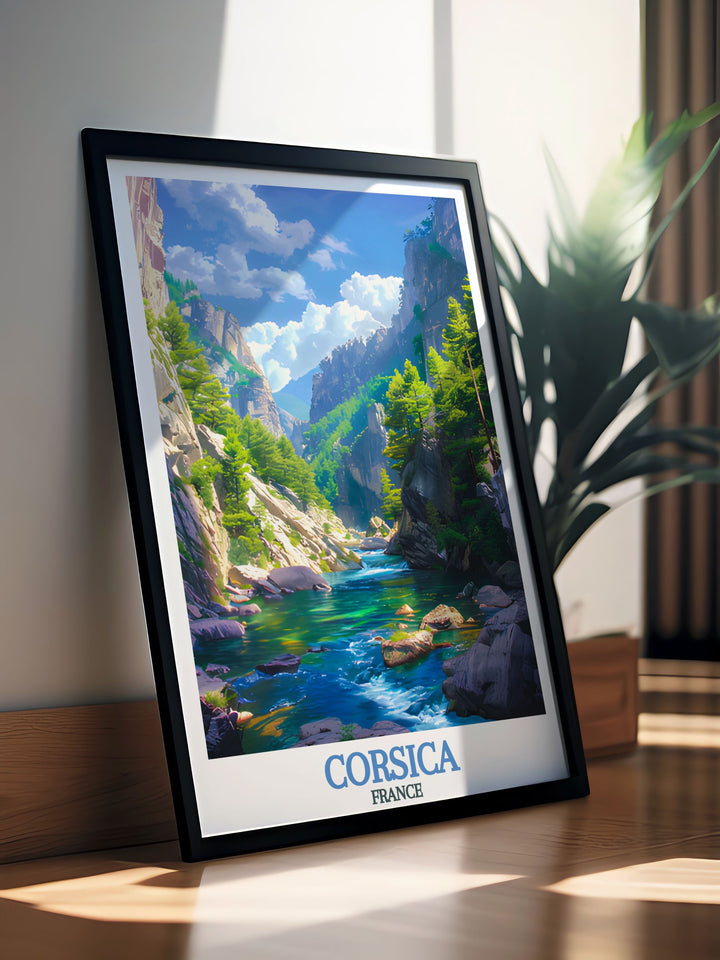 Exquisite Corsica art print depicting the serene beauty of Restonica Gorge a wonderful addition to any home decor bringing the charm of Corsican landscapes into your living space and creating a peaceful atmosphere