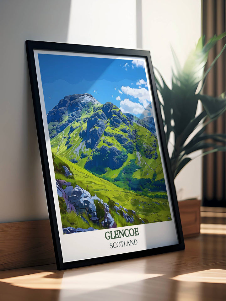 Three Sisters of Glencoe Home Living Decor featuring stunning illustrations of Glencoe Scotland perfect for enhancing your living space with vibrant and captivating artwork ideal for those who appreciate the beauty of Scotlands natural landscapes