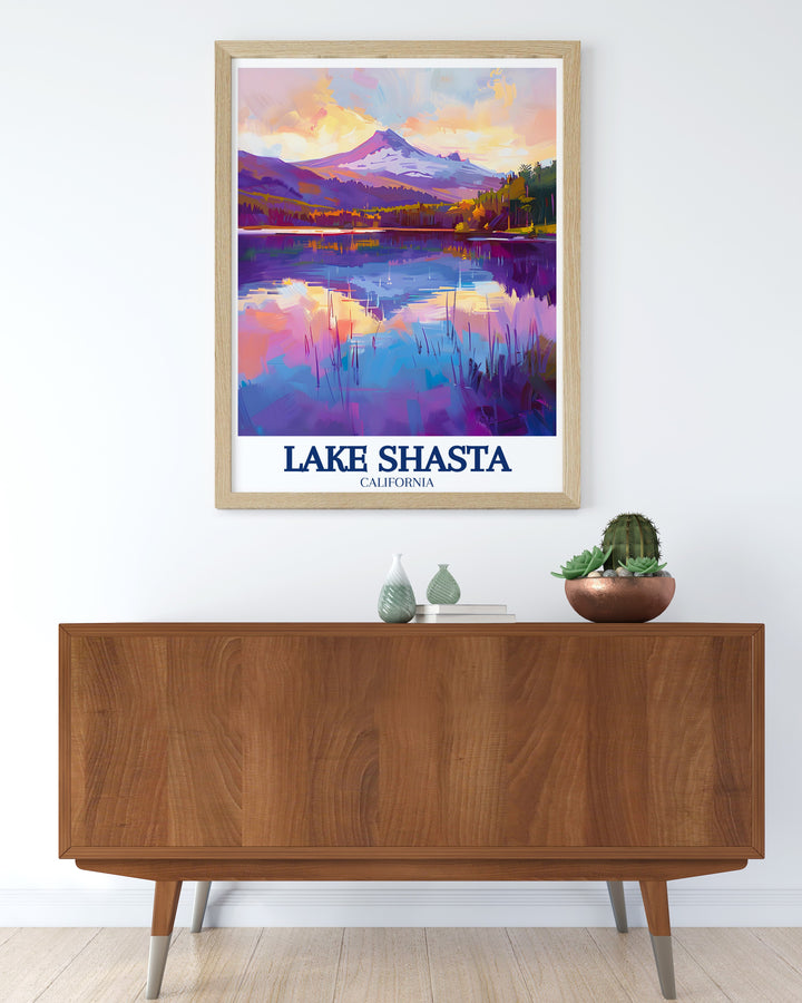 Lake Shasta art print featuring the calm waters and stunning landscapes of northern California. The print captures the beauty of the Shasta Cascade mountain range, ideal for outdoor enthusiasts or as a unique California travel gift.