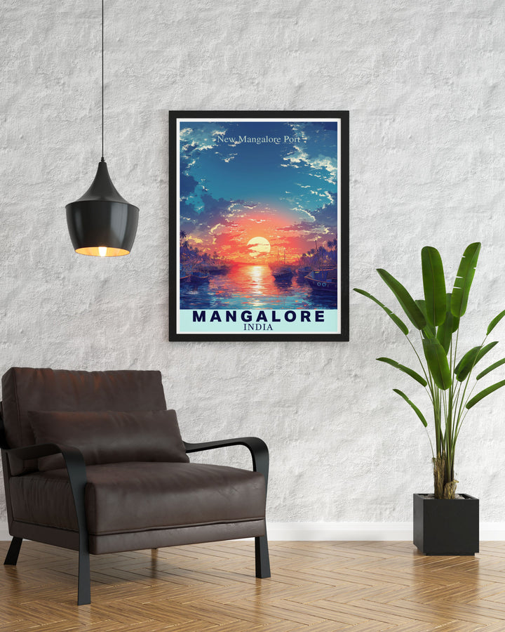 This travel poster of New Mangalore Port captures the vibrant activity of one of Indias major ports, highlighting the impressive infrastructure and bustling maritime commerce, perfect for adding a touch of Indias coastal charm to your home decor.