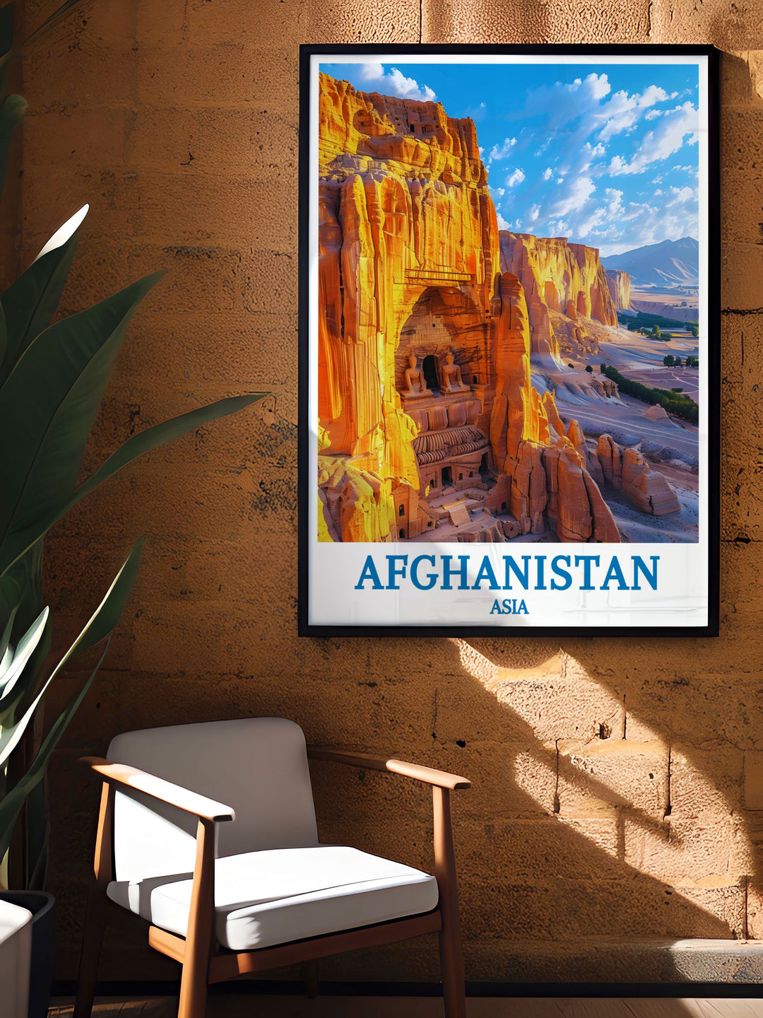 A stunning Afghanistan Poster featuring The Bamiyan Buddha Statues captured in fine line print offering a colorful and detailed representation perfect for art enthusiasts and collectors