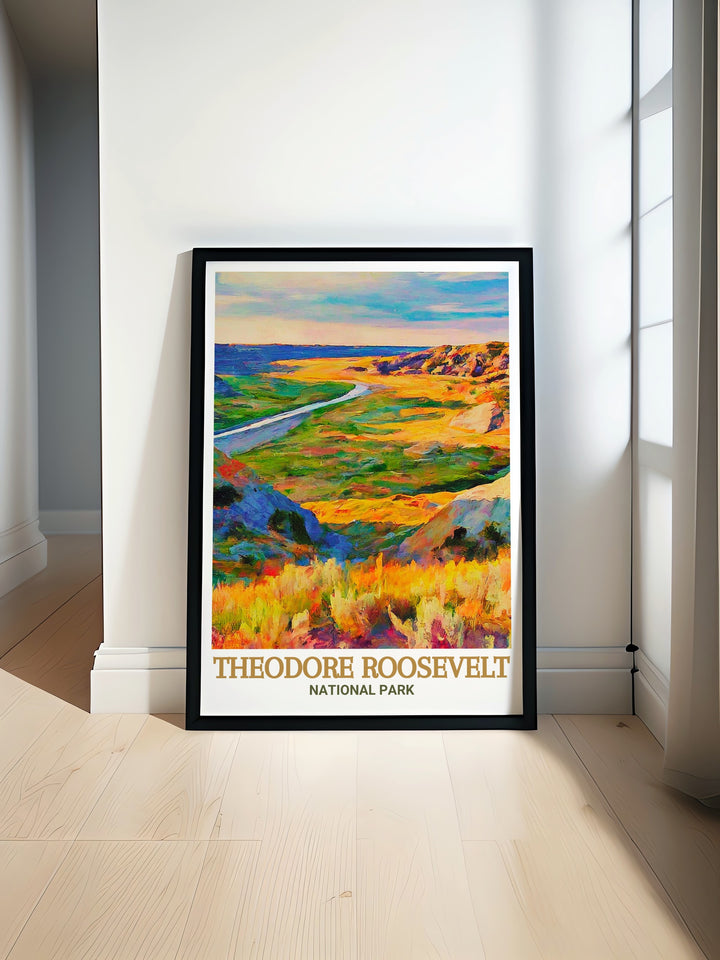 Wind Canyon Trail artwork captures the rugged beauty of Theodore Roosevelt National Park with vivid colors and intricate details perfect for bringing the serenity and grandeur of the great outdoors into your home through National Park Art and Decor.