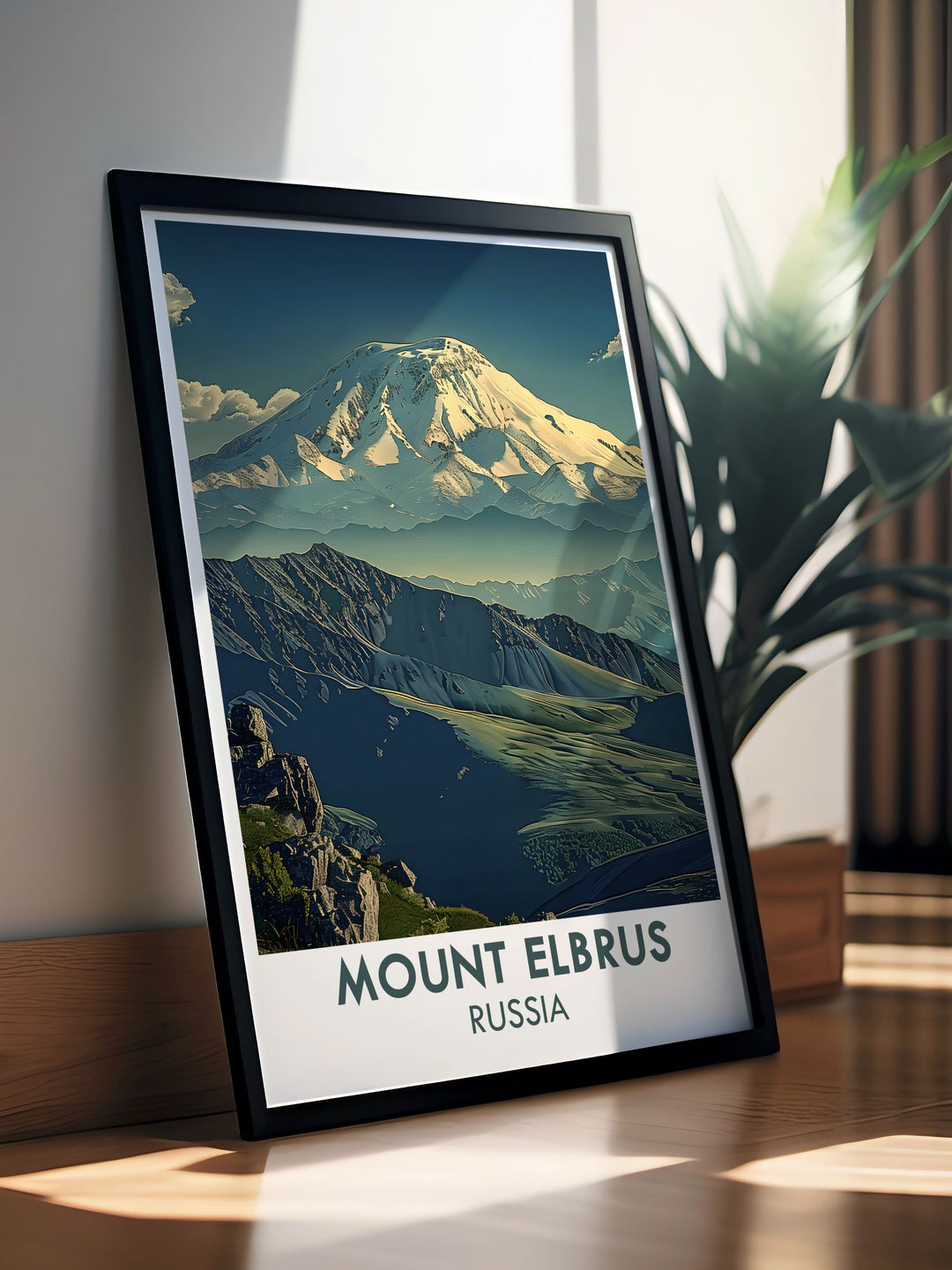 Retro Travel Poster of Mount Elbrus ideal for those who appreciate classic travel art and mountain scenery includes Mt Elbrus Summit modern decor adding elegance to your home