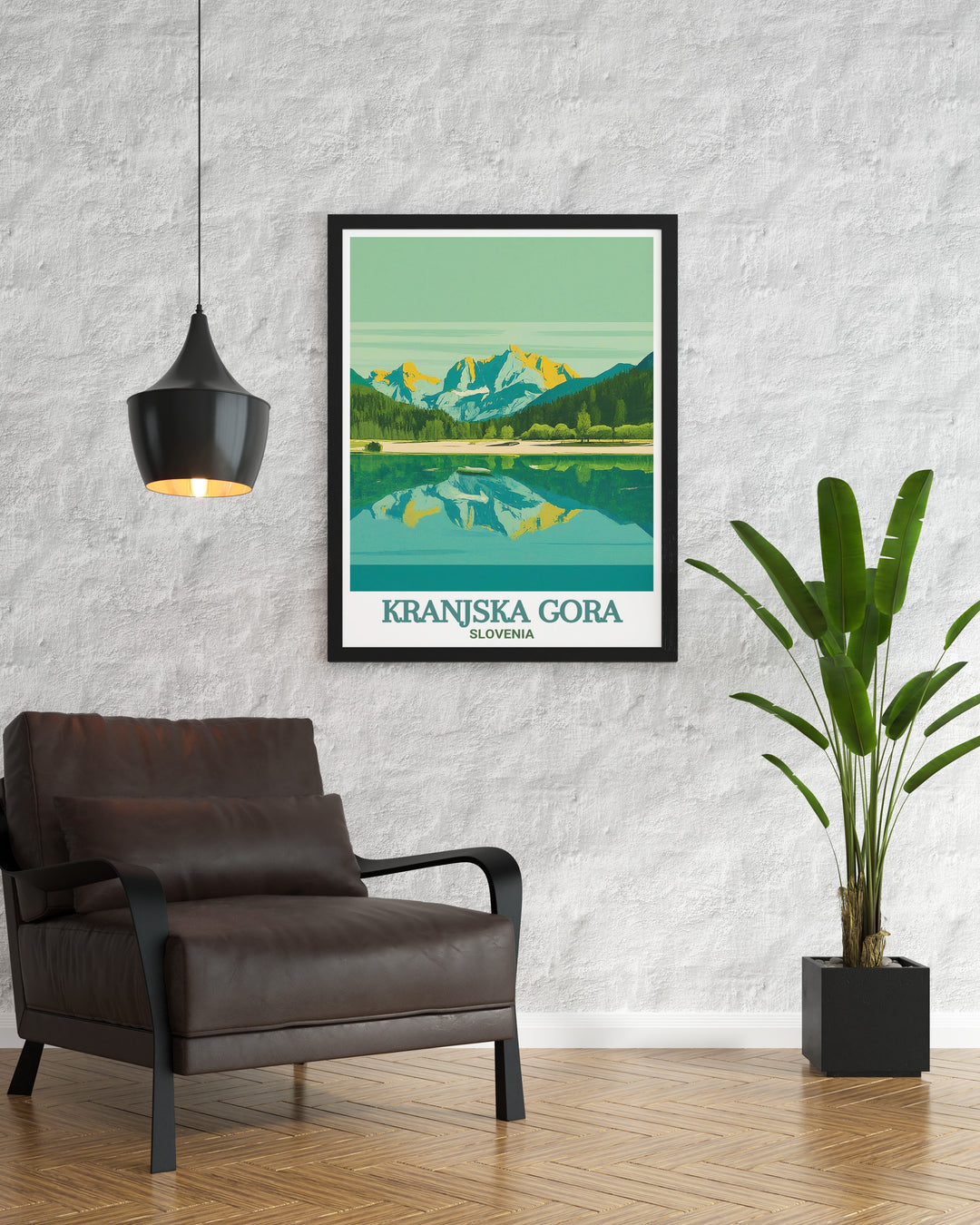 Lake Jasna art print showcasing the serene beauty of Kranjska Gora with its crystal clear waters and majestic mountains. This vibrant illustration captures the essence of Lake Jasna, perfect for adding a touch of natures elegance to your home decor.