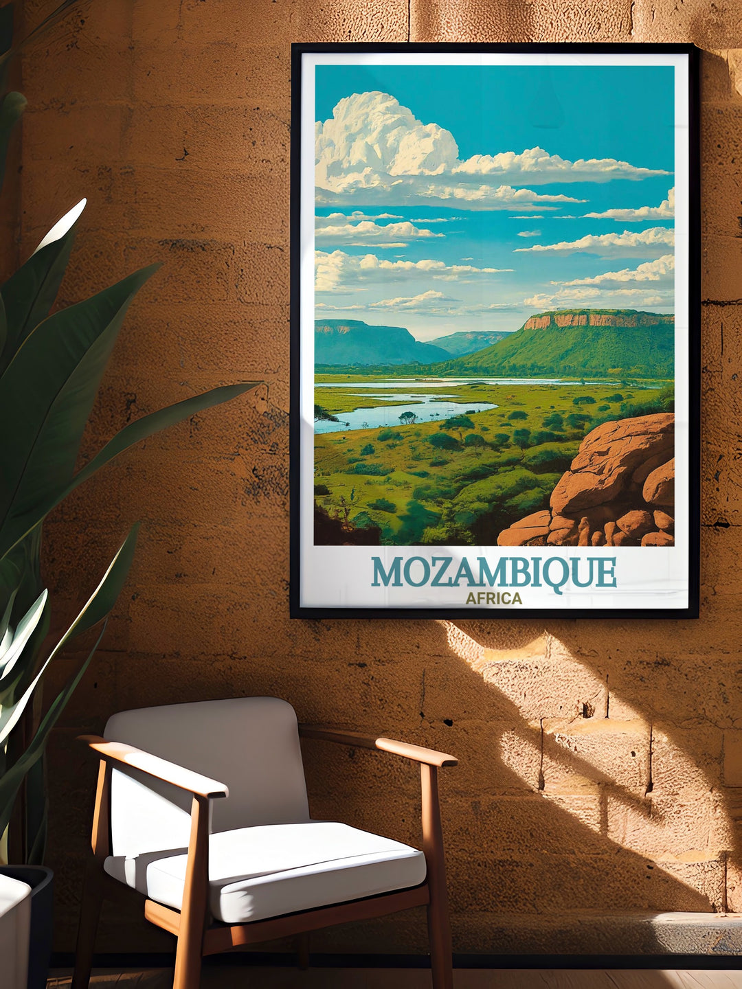 Africa Travel Poster celebrating the wildlife and landscapes of Gorongosa National Park, Mozambique. This stunning travel print showcases the parks rich biodiversity and serves as an inspiring piece for those who love African adventure and conservation.